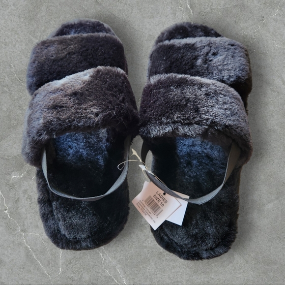 Black Faux Fur Platform Slippers - Picture 2 of 4